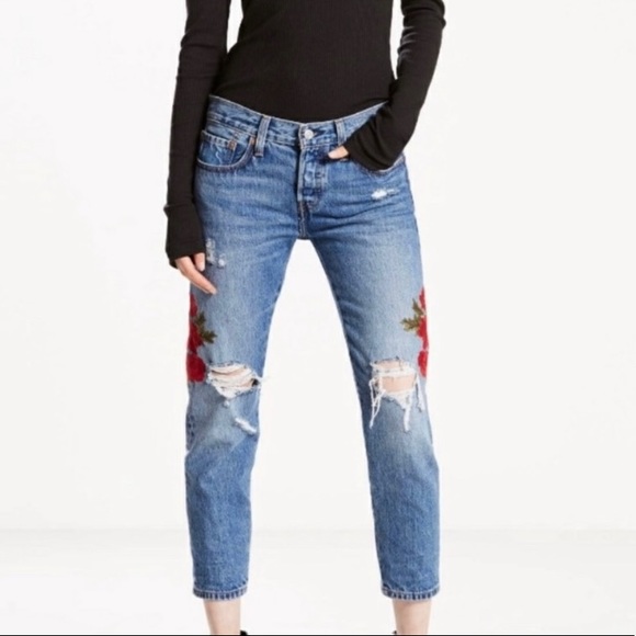 Levi 501 Floral Embroidered Crop Taper Jeans - Picture 2 of 5